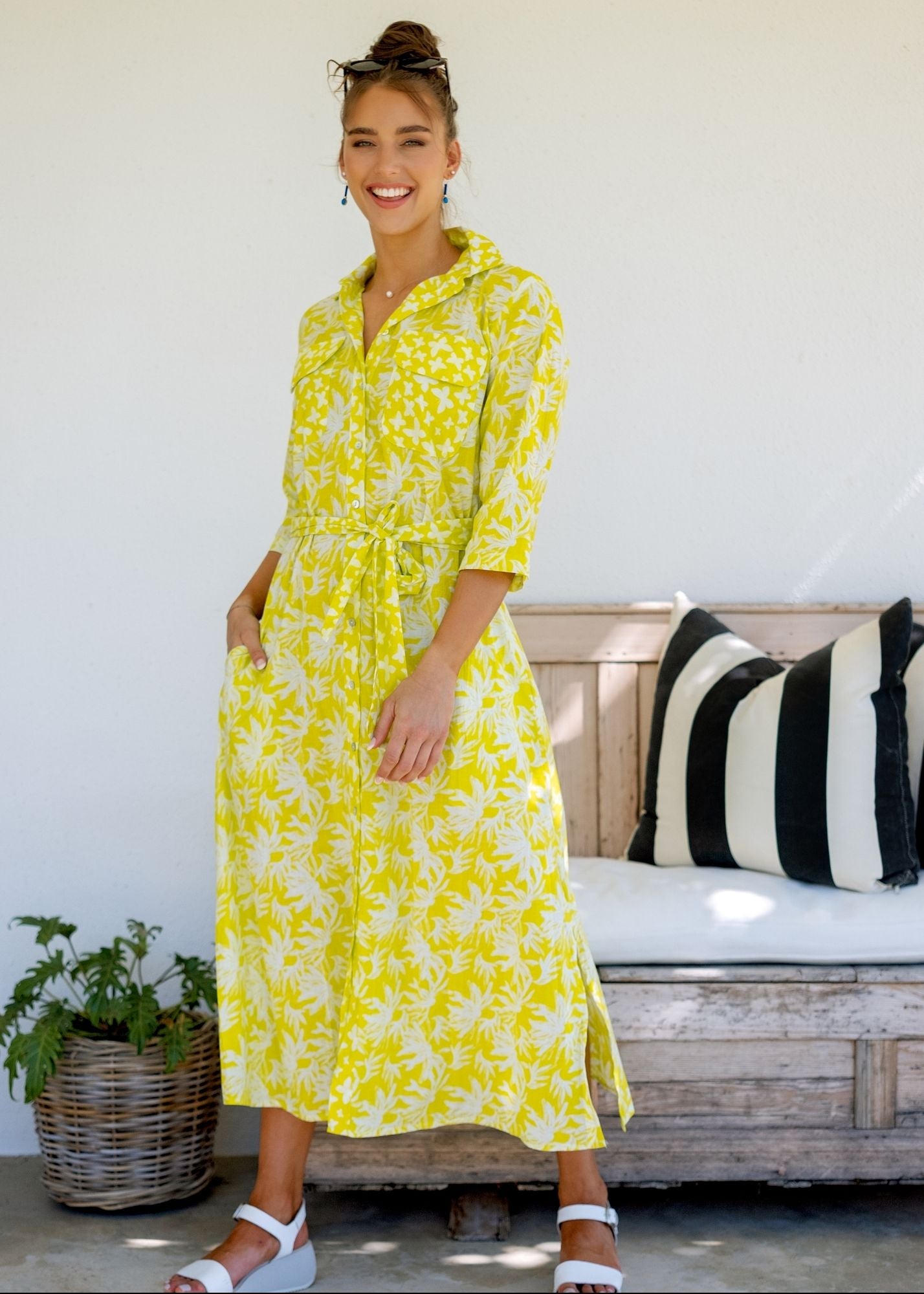 Betty Button dress in Lemon Floral with Contrast Butterflies