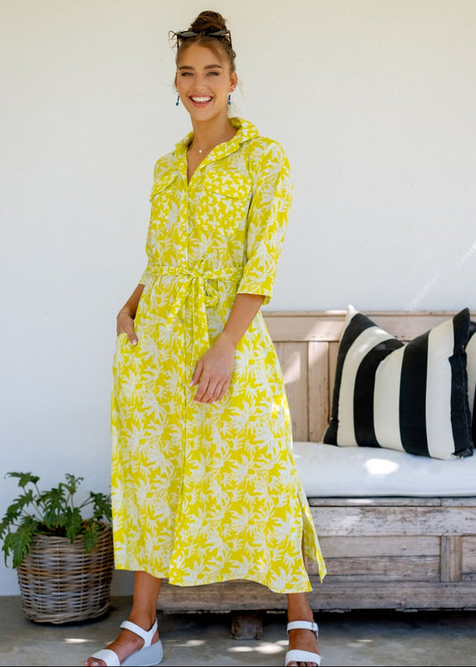 Betty Button dress in Lemon Floral with Contrast Butterflies