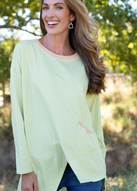 Lagen Top in Soft Lime with Pink Detail on Trim