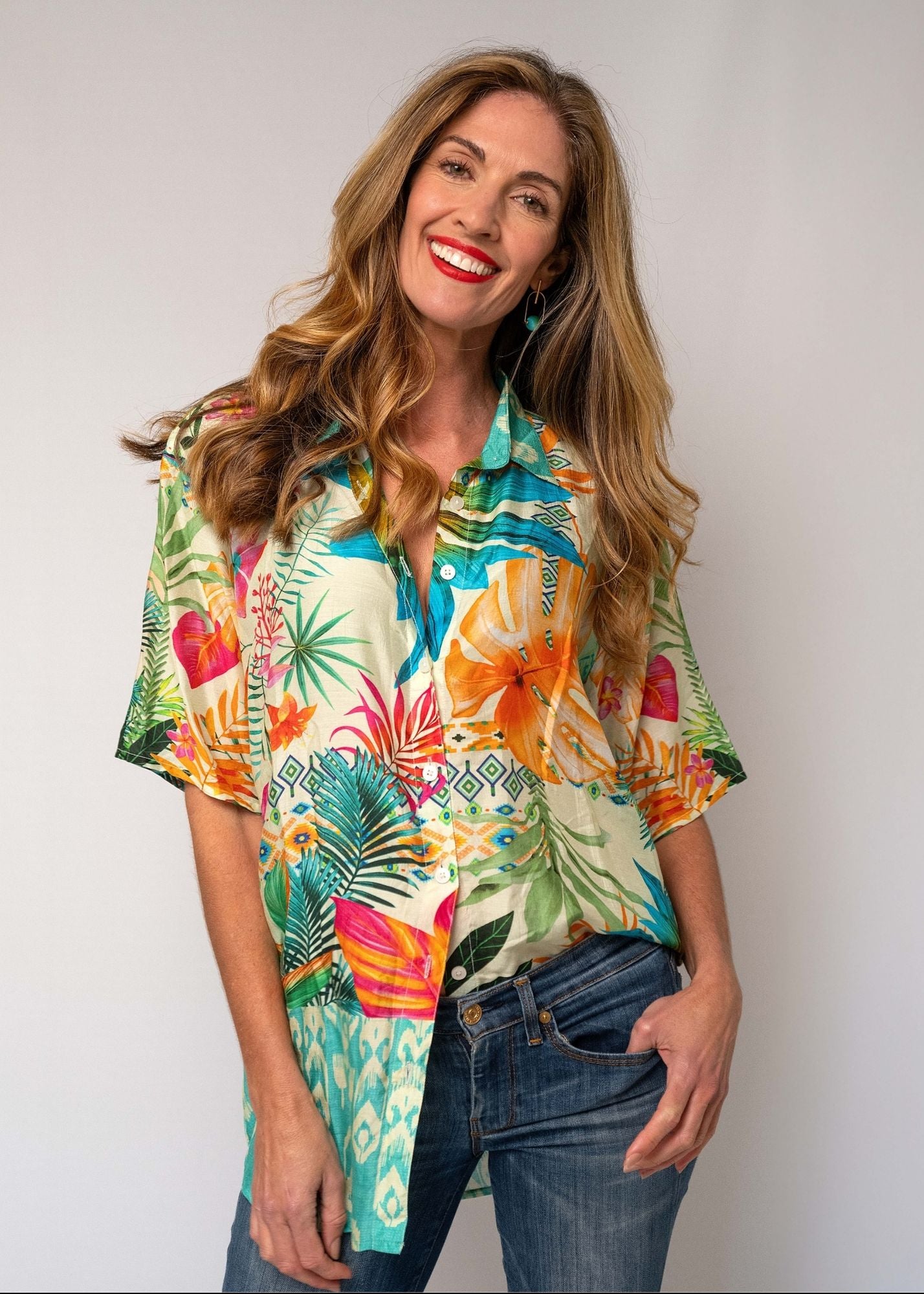 Molly Button down blouse in Tropical Sunset