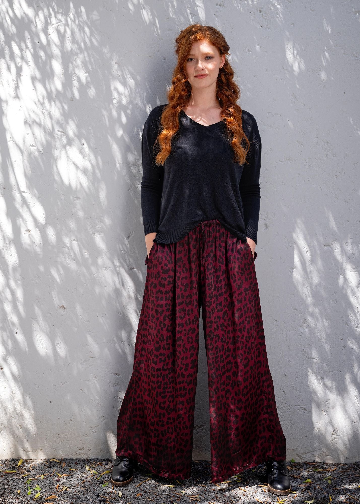 Vivienne Palazzo Pants in Maroon Animal Print