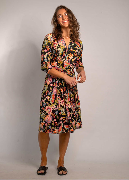 Inge Wrap dress - knee length in Black and Coral Flowers