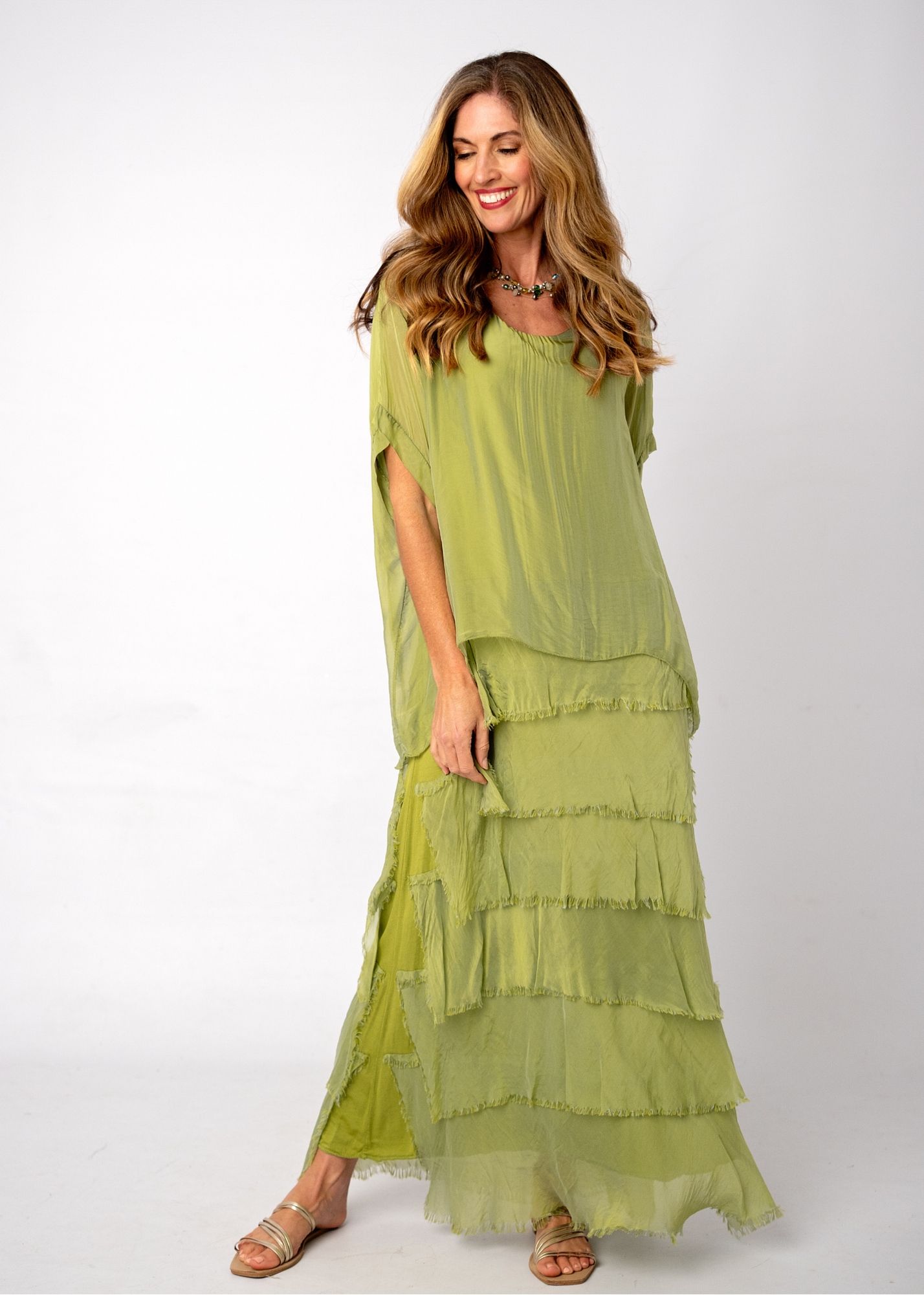 Sophia 100% Silk Tiered Frill Dress in Chartreuse