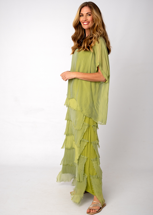 Sophia 100% Silk Tiered Frill Dress in Chartreuse