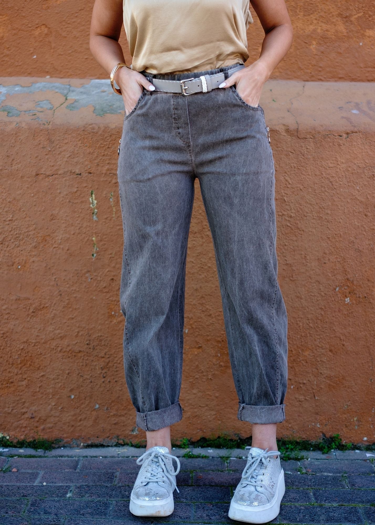 Milano Zip-Detail Slouch Pants in Charcoal