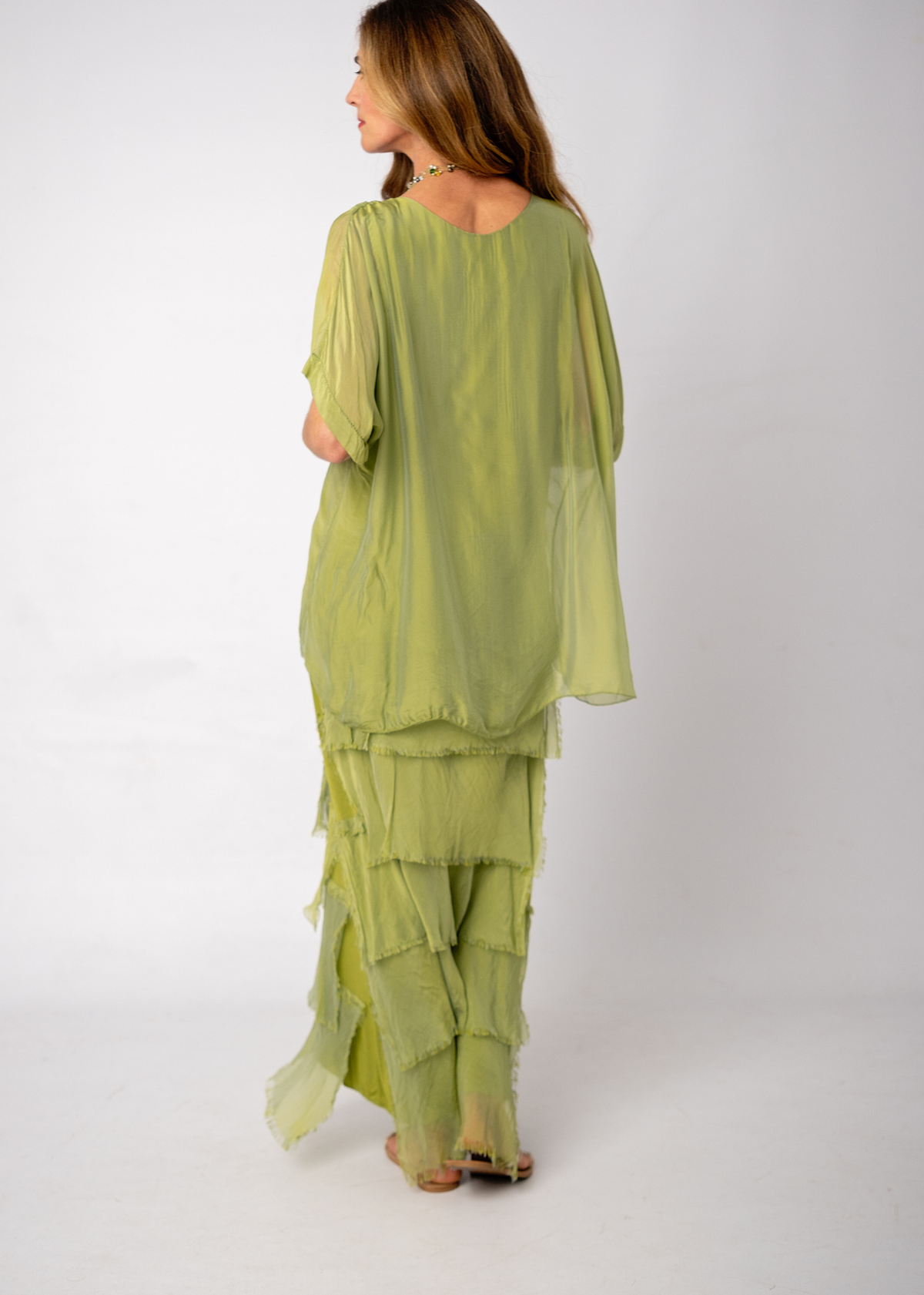 Sophia 100% Silk Tiered Frill Dress in Chartreuse