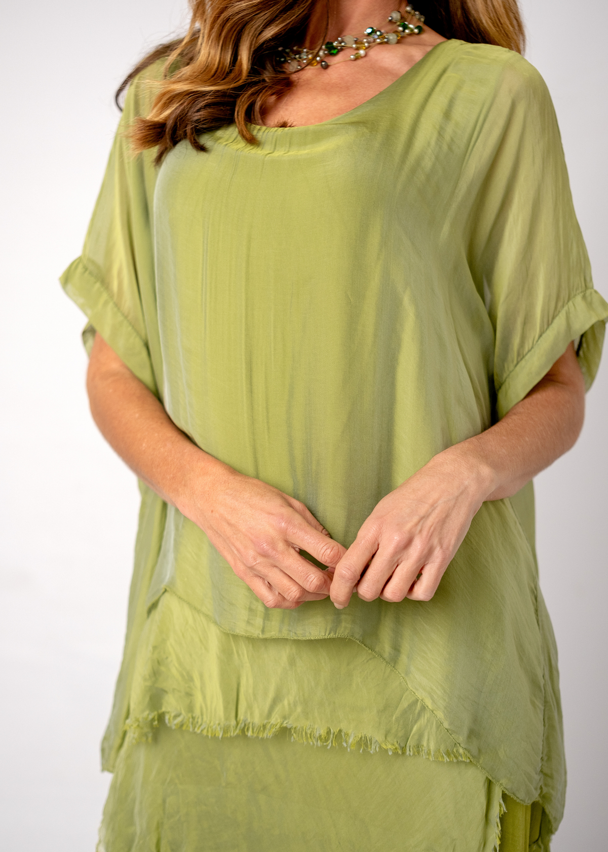 Sophia 100% Silk Tiered Frill Dress in Chartreuse