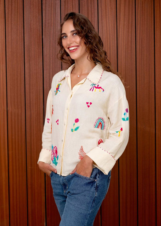 The Amelia Button-Down Blouse in Cream with Colourful Embroidery