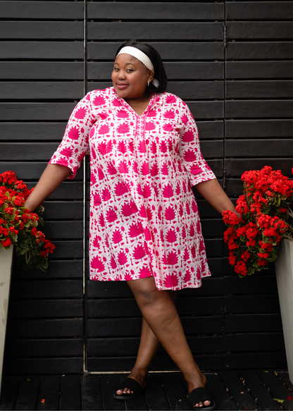 Lee-Ann pleated dress Short, Pink and White Ikat