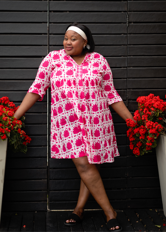 Lee-Ann pleated dress Short, Pink and White Ikat