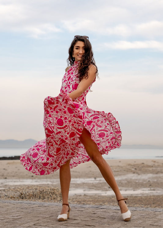 Zola Tiered Dress in Pink Bougainvillea