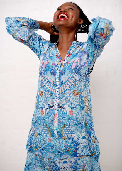 Symphony Dress in Light Blue Crown Print