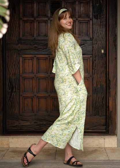 Gloria Dress with Tucked Sleeve Detail in Green Floral Design