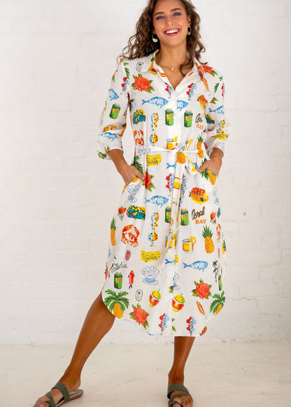Laura Shirt Dress in White Tropical