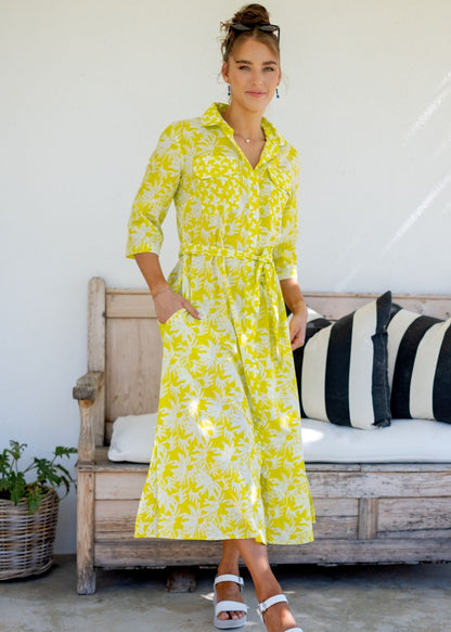 Betty Button dress in Lemon Floral with Contrast Butterflies