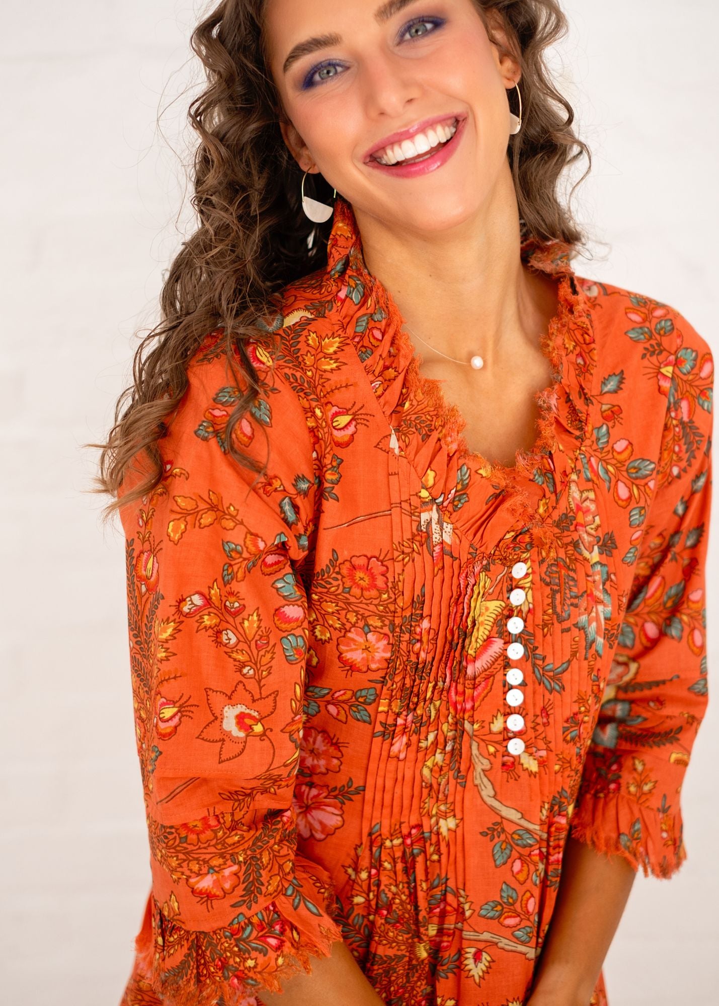 Sarah Dress with Frill in Terracotta Bloom