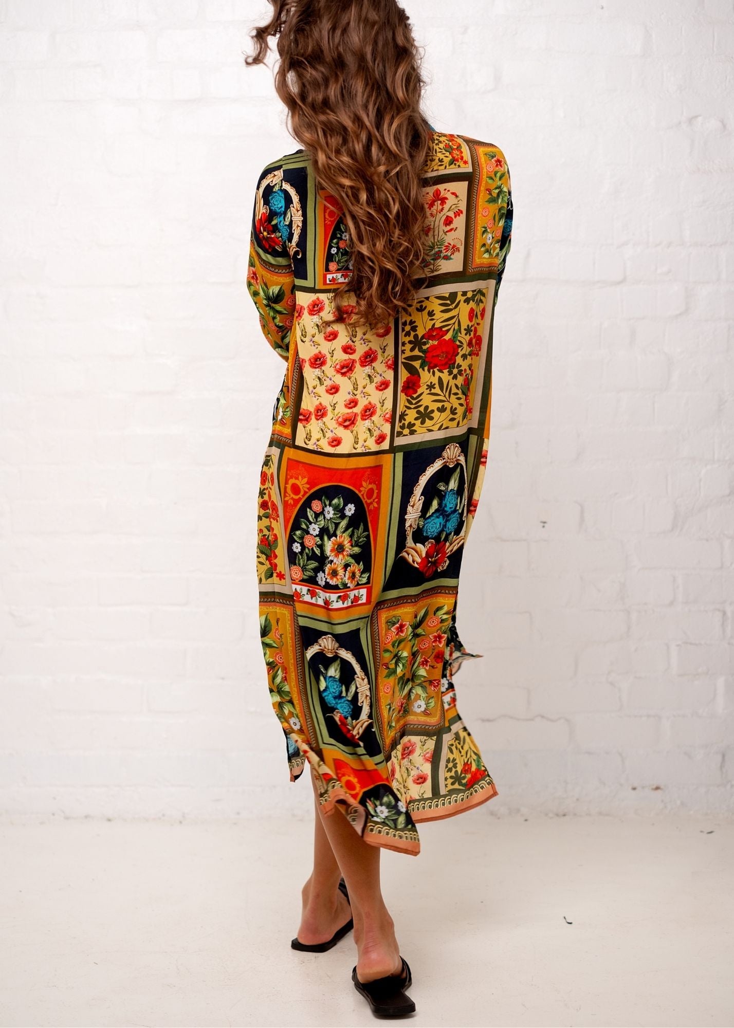 Carli Dress in Black with Floral Tiles