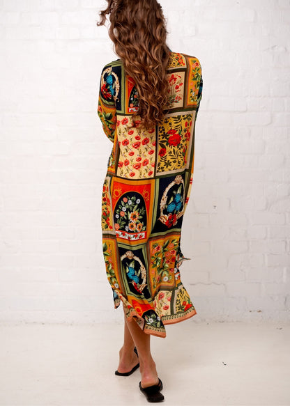 Carli Dress in Black with Floral Tiles