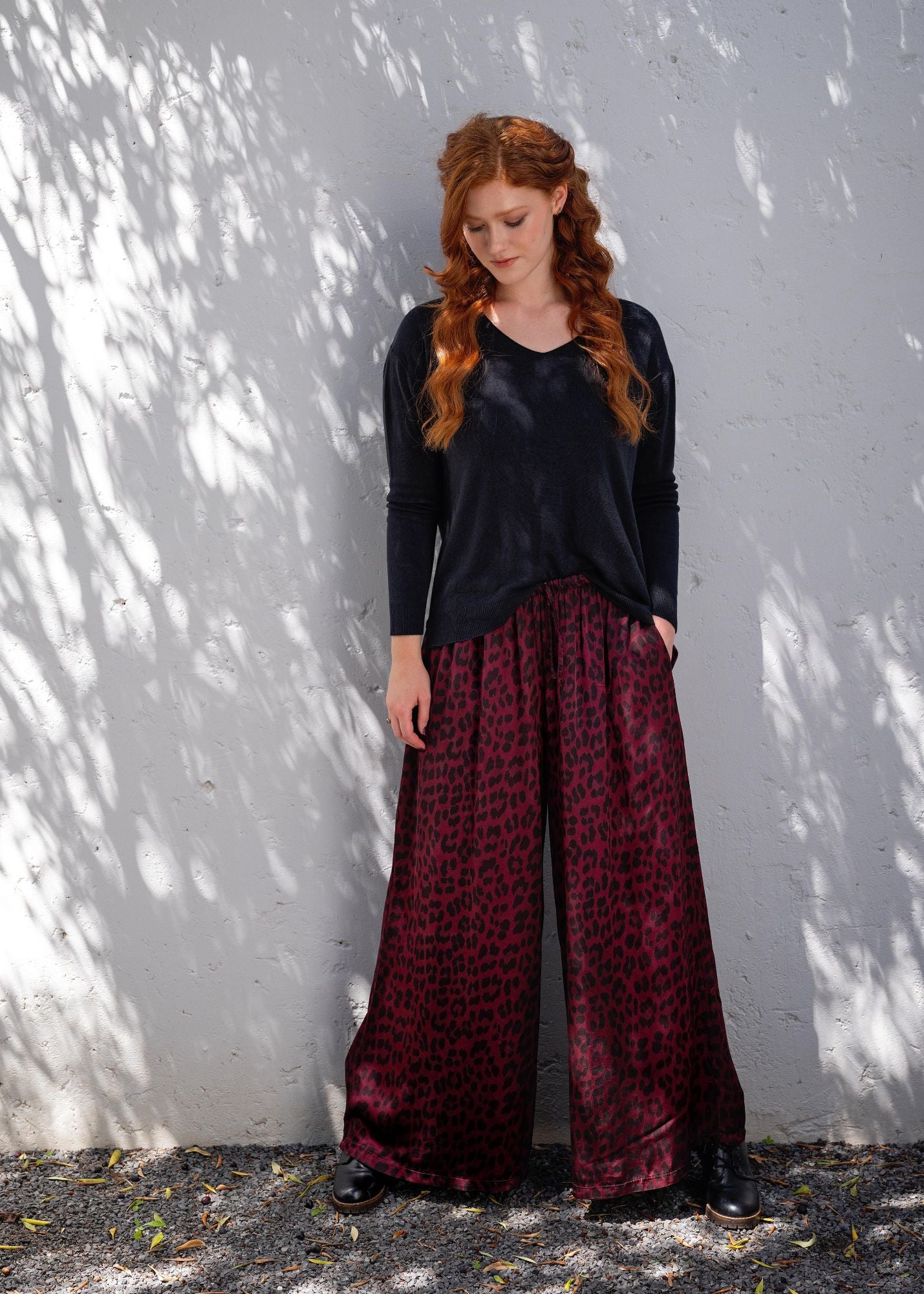 Vivienne Palazzo Pants in Maroon Animal Print