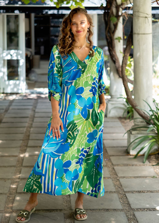 Gloria Dress with Tucked Sleeve Detail in Blue and Green