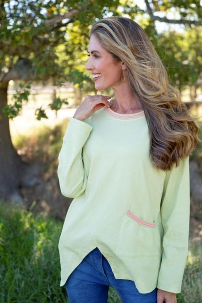 Lagen Top in Soft Lime with Pink Detail on Trim