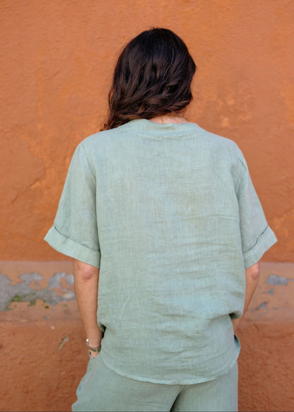 Lino 100% Linen V-Neck Blouse in Rich Olive Broderie