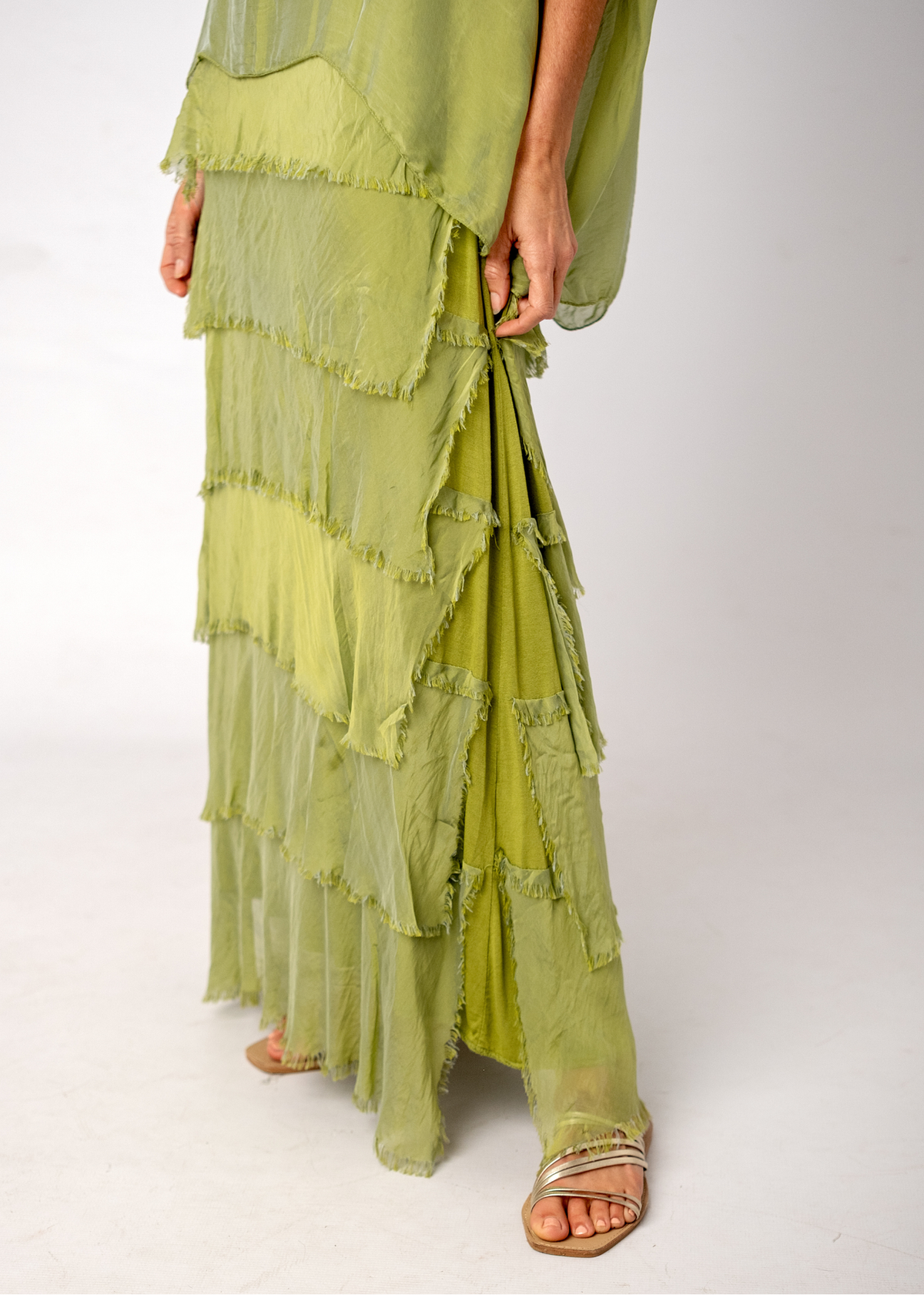 Sophia 100% Silk Tiered Frill Dress in Chartreuse