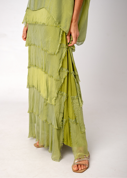 Sophia 100% Silk Tiered Frill Dress in Chartreuse