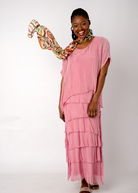 Sophia 100% Silk Tiered Frill Dress in Pink