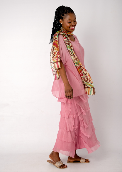 Sophia 100% Silk Tiered Frill Dress in Pink