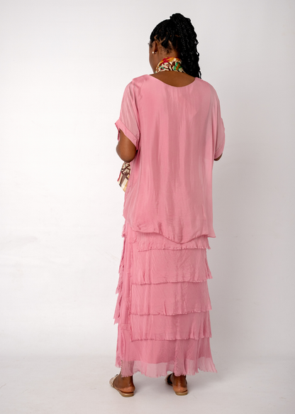 Sophia 100% Silk Tiered Frill Dress in Pink