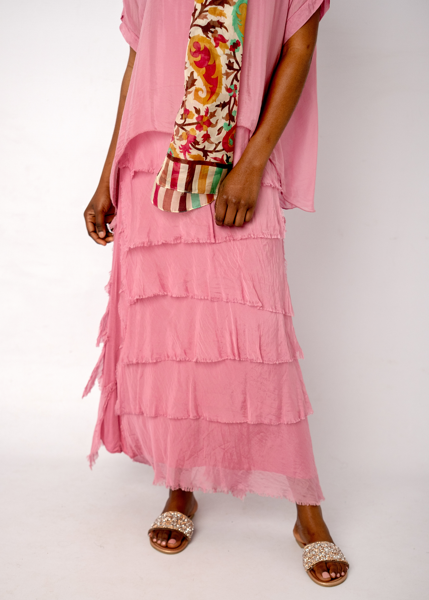 Sophia 100% Silk Tiered Frill Dress in Pink