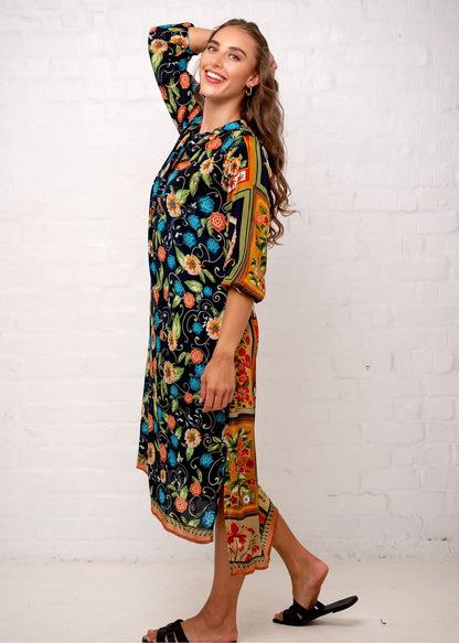 Carli Dress in Black with Floral Tiles