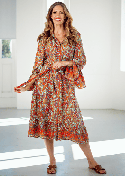 Jewel Dress, Coral with Mint Paisley