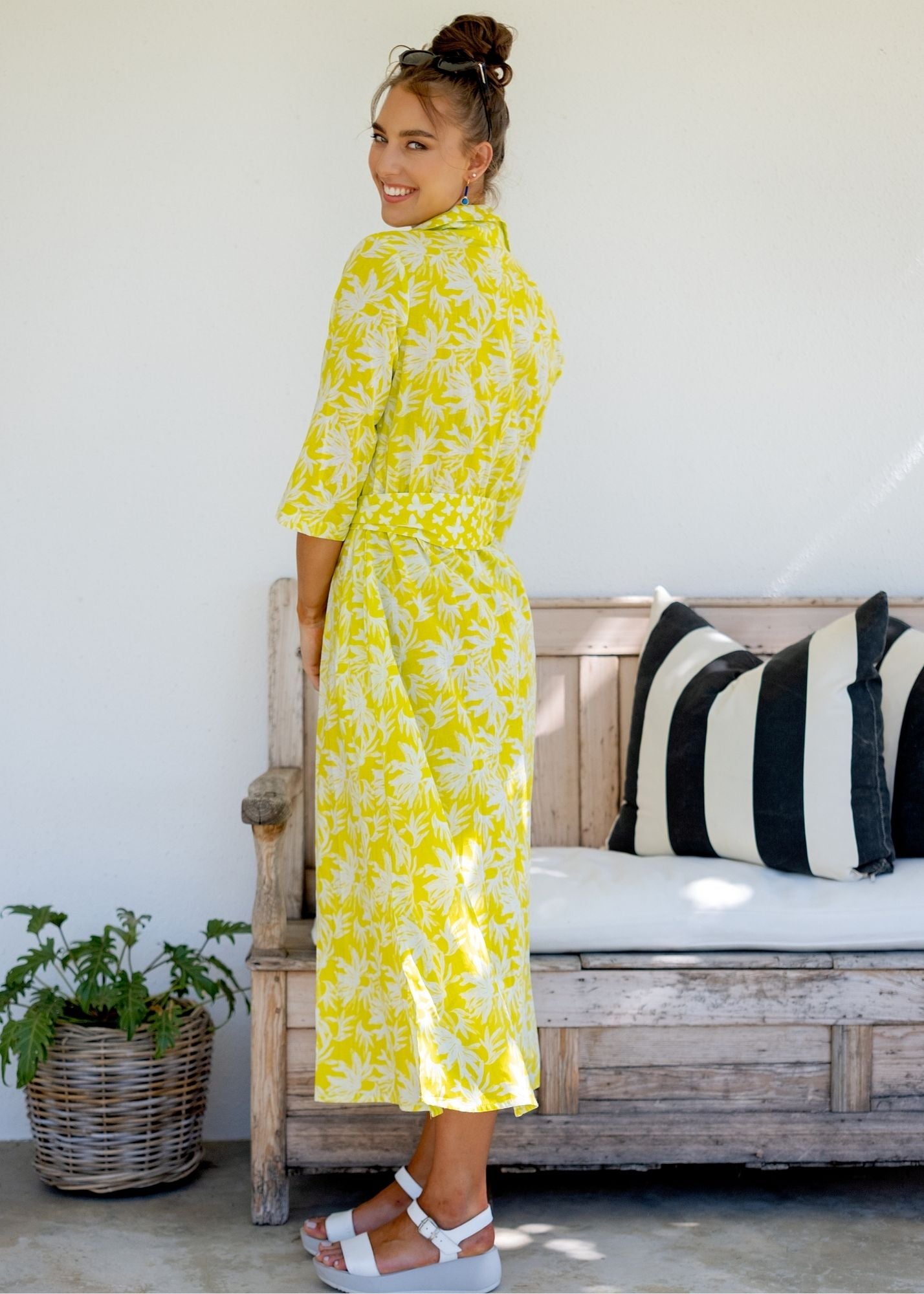 Betty Button dress in Lemon Floral with Contrast Butterflies