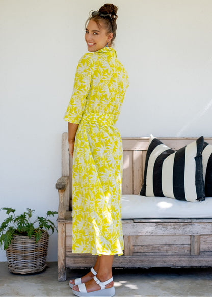 Betty Button dress in Lemon Floral with Contrast Butterflies