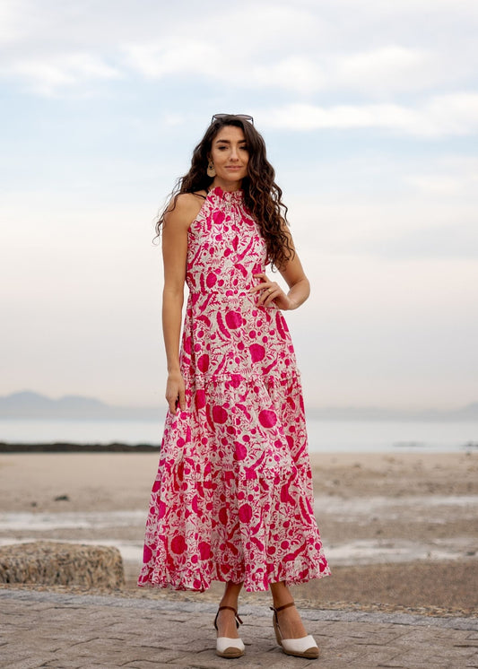 Zola Tiered Dress in Pink Bougainvillea