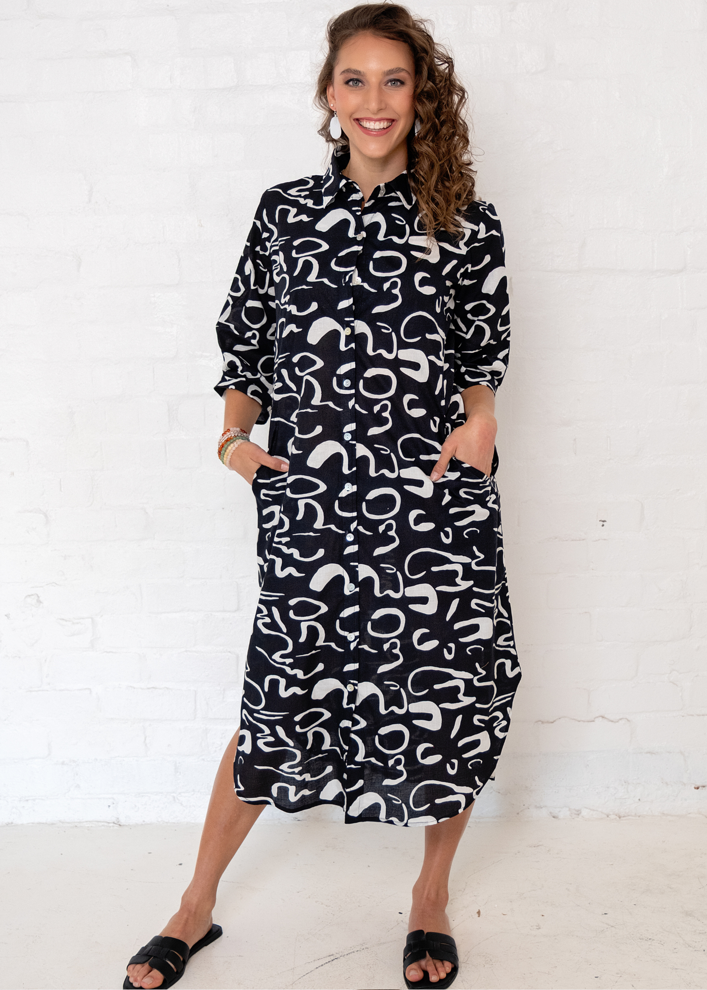 Laura Shirt Dress in Black Squiggle