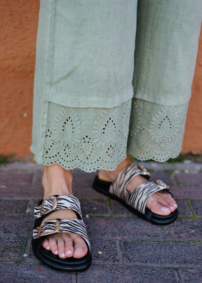 Lino 100% Linen Pants in Rich Olive Broderie