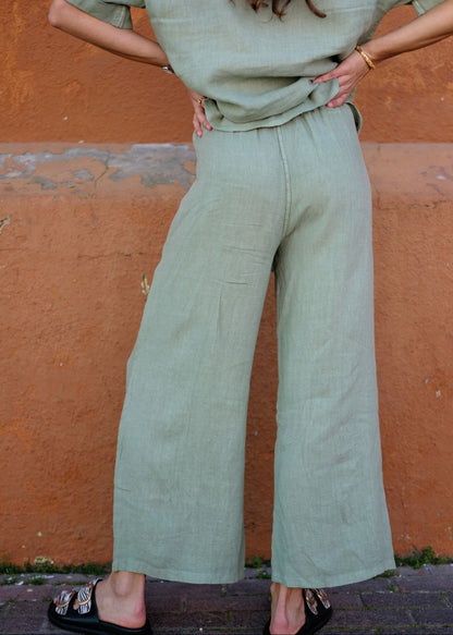 Lino 100% Linen Pants in Rich Olive Broderie