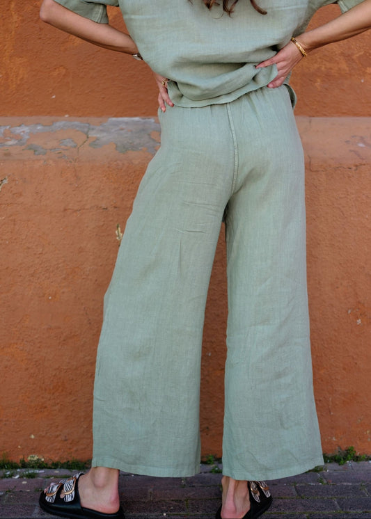 Lino 100% Linen Pants in Rich Olive Broderie