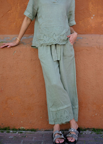 Lino 100% Linen Pants in Rich Olive Broderie