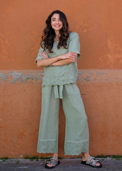 Lino 100% Linen Pants in Rich Olive Broderie