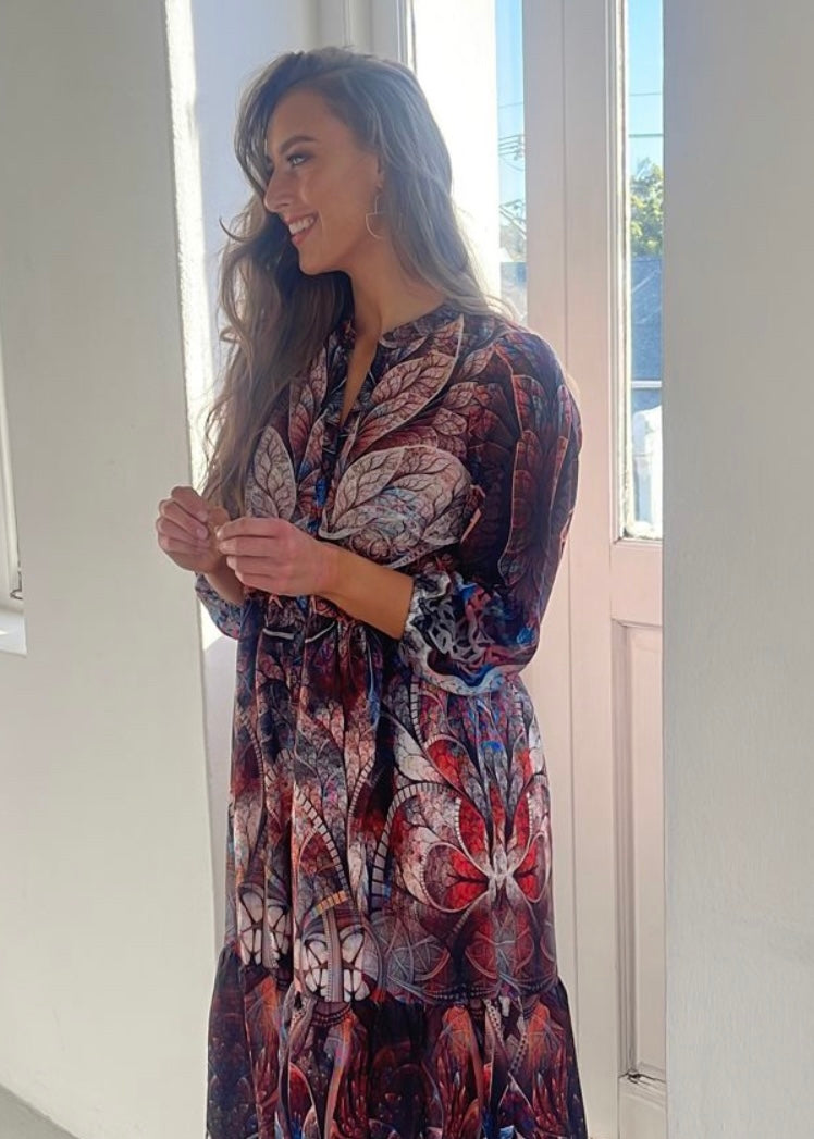 Sophie dress in Rust & biscuit leaves