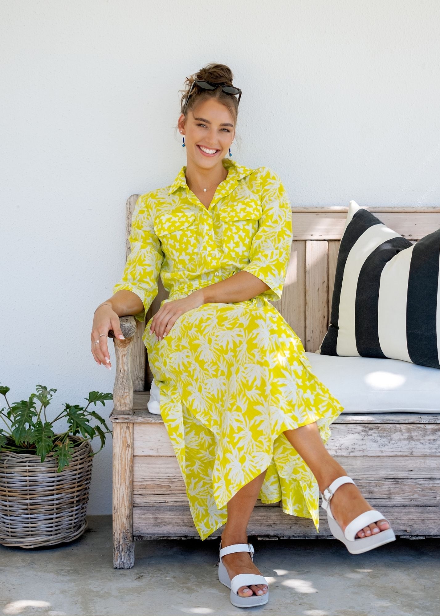 Betty Button dress in Lemon Floral with Contrast Butterflies