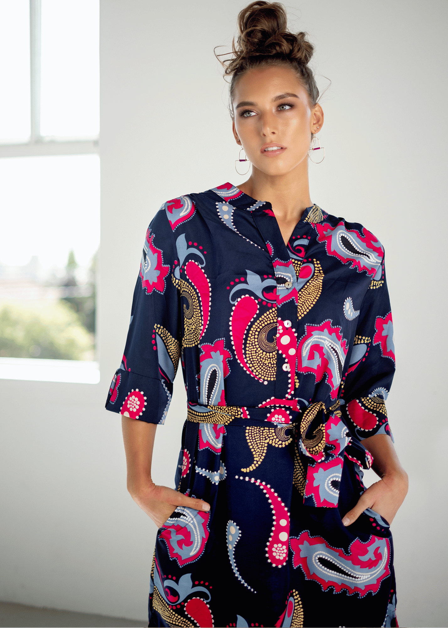 Fergie Cuffed Sleeve  Dress,  Navy Bold Paisley