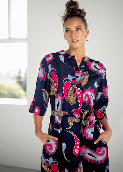 Fergie Cuffed Sleeve  Dress,  Navy Bold Paisley