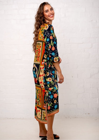 Carli Dress in Black with Floral Tiles