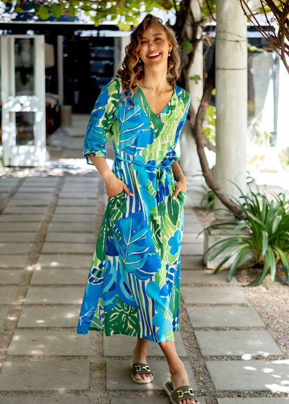 Gloria Dress with Tucked Sleeve Detail in Blue and Green