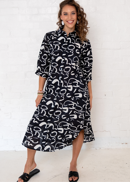 Laura Shirt Dress in Black Squiggle
